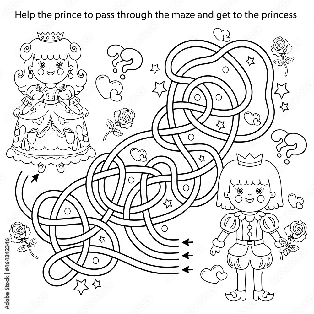 Fototapeta premium Maze or Labyrinth Game. Puzzle. Tangled road. Coloring Page Outline Of cartoon lovely prince with beautiful princess. Cinderella. Fairy tale. Coloring book for kids.