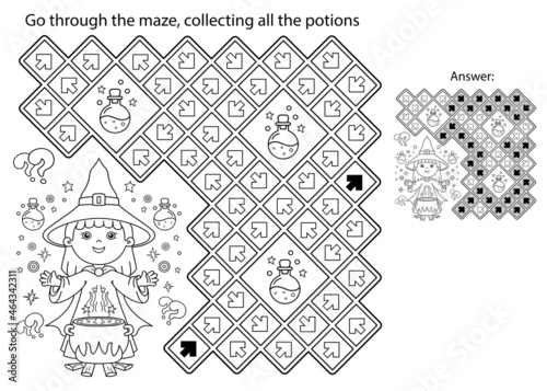 Maze or Labyrinth Game. Puzzle. Coloring Page Outline Of cartoon little witch with magical pot. Magic potion and witchcraft. Coloring book for kids.