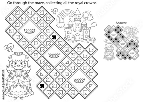 Maze or Labyrinth Game. Puzzle. Coloring Page Outline Of cartoon lovely princess. Beautiful young queen. Royal castle or palace. Fairy tale. Coloring book for kids.