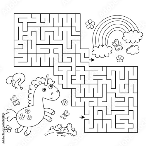 Maze or Labyrinth Game. Puzzle. Coloring Page Outline Of cartoon lovely magic unicorn. Fairy tale hero. Coloring book for kids.