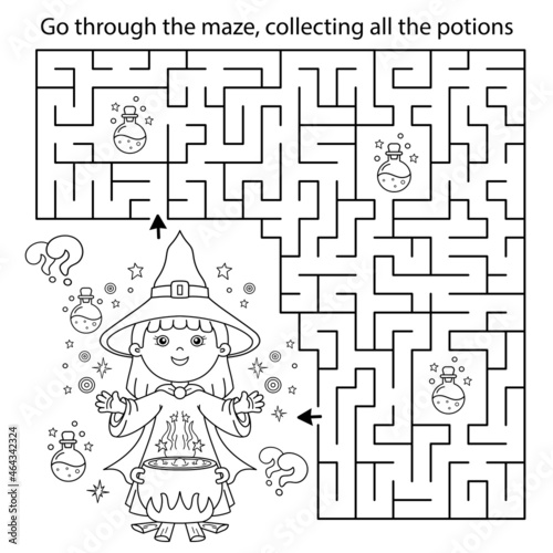 Maze or Labyrinth Game. Puzzle. Coloring Page Outline Of cartoon little witch with magical pot. Magic potion and witchcraft. Coloring book for kids.