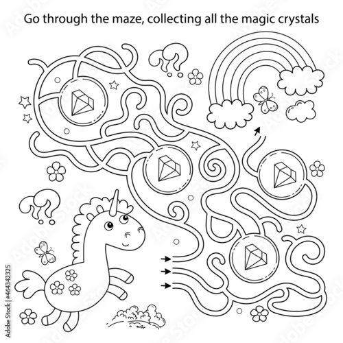 Maze or Labyrinth Game. Puzzle. Coloring Page Outline Of cartoon lovely magic unicorn. Fairy tale hero. Coloring book for kids.