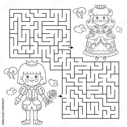 Maze or Labyrinth Game. Puzzle. Coloring Page Outline Of cartoon lovely prince with beautiful princess. Cinderella. Fairy tale. Coloring book for kids.