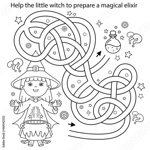 Maze or Labyrinth Game. Puzzle. Tangled road. Coloring Page Outline Of cartoon little witch with magical pot. Magic potion and witchcraft. Coloring book for kids.