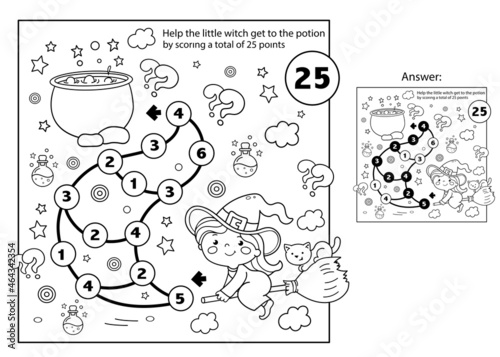 Maze or Labyrinth Game. Puzzle. Mathematical addition game. Coloring Page Outline Of cartoon little witch on broom with pot and with cat. Halloween. Coloring book for kids.