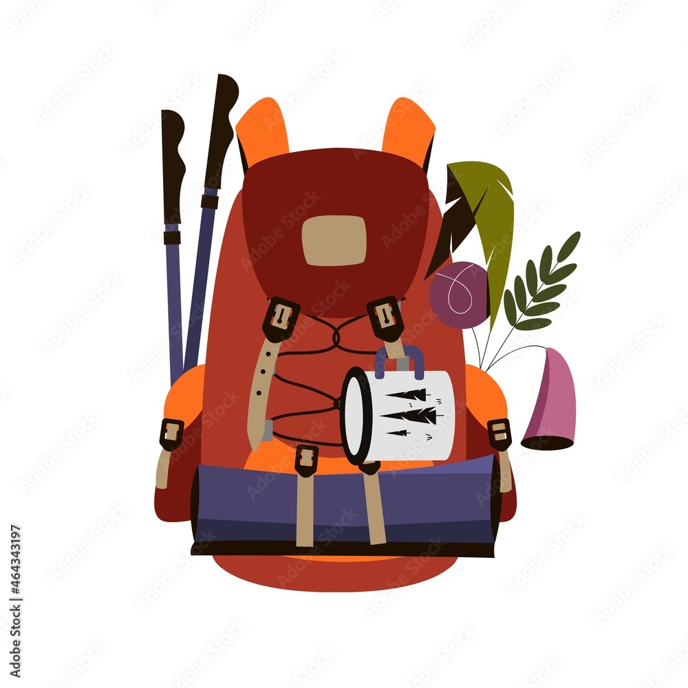 Backpack with sleeping mat, metal mug, trekking poles. Bag for hiking or camping with travel gear. Vector illustration Backpack with sleeping mat, metal mug, trekking poles. Bag for hiking or camping with travel gear. Vector illustration