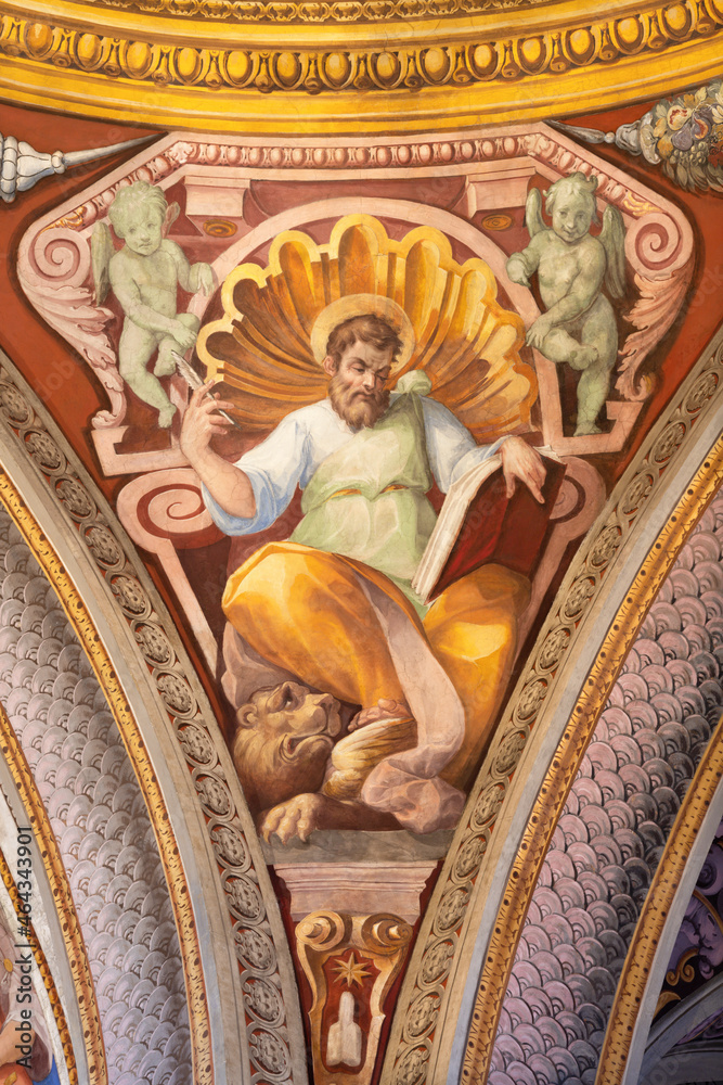 ROME, ITALY - AUGUST 28, 2021: The fresco of Mark the Evangelist in church San Girolamo dei Croati by  Pietro Gagliardi (1847-1852).