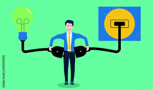 No idea. Frustration, doubt, man confused standing and expressing frustration with difficult situation, trying to find a solution illustration, businessman with unlit lamp