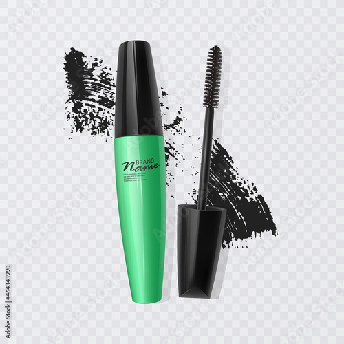 Realistic black mascara with smear trace isolated on white background