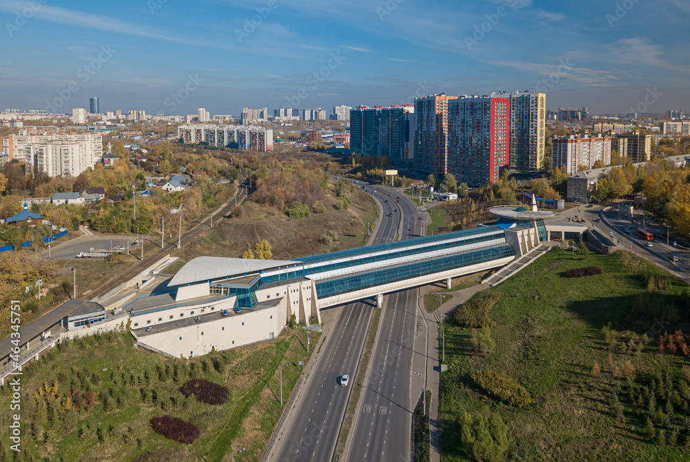  Ametievo or Ametyevo metro station in Kazan, Russia. A top view of a high-tech subway station