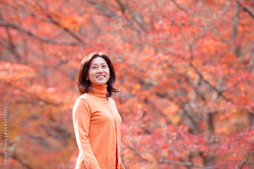紅葉狩りをする中高年女性 紅葉狩りをする中高年女性