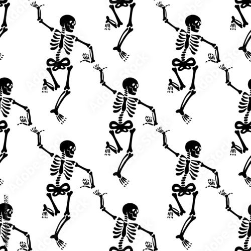 Seamless pattern with black skeletons, vigorously dancing and having fun on a white background.