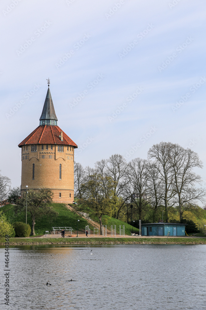 Slottsparken park pond and old tower panorama, Malmo, Sweden Slottsparken park pond and old tower panorama, Malmo, Sweden