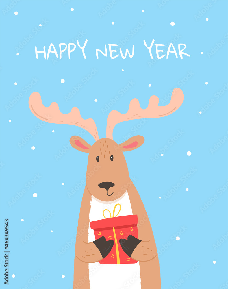 Cute dear with gift in cartoon style. Card for new year congratulation.