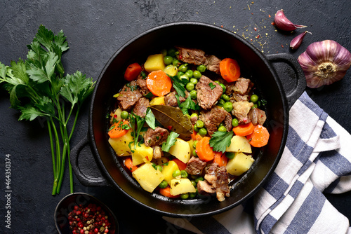 Beef stew with vegetables o. Top view with copy space.