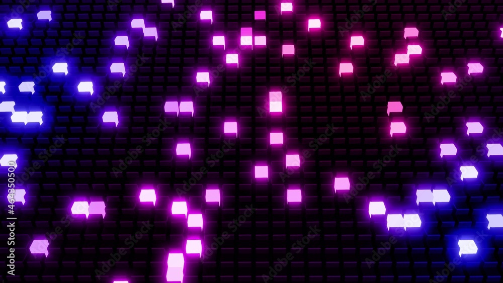 3d render. 3d abstract dark geometric bg with blue red cubes flash with neon light randomly. Cubes form a flat structure. Creative simple motion design bg with 3d objects.