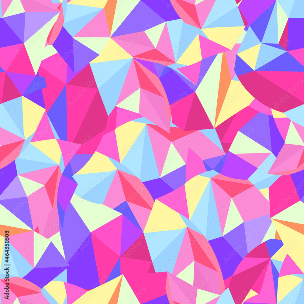 Fabric texture from coloured  triangles. Seamless pattern. Pink, violet and blue colours. Decorative design.