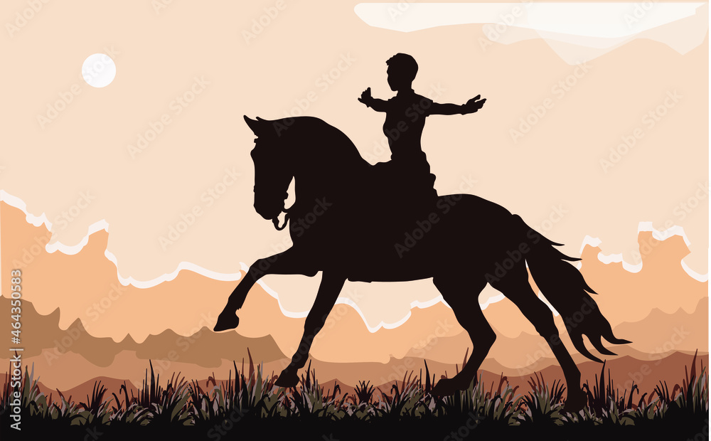 silhouette of a girl riding a horse on a field, a horsewoman silhouette of a girl riding a horse on a field, a horsewoman