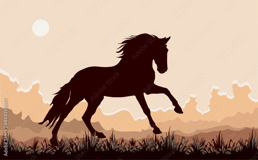 dark silhouette of a wild horse galloping on the grass against the sky, vector isolated color image
dark silhouette of a wild horse galloping on the grass against the sky, vector isolated color image