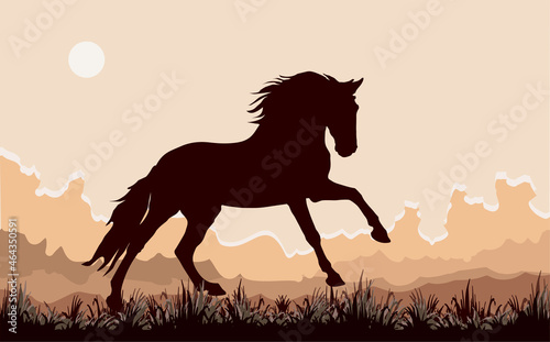 dark silhouette of a wild horse galloping on the grass against the sky, vector isolated color image 