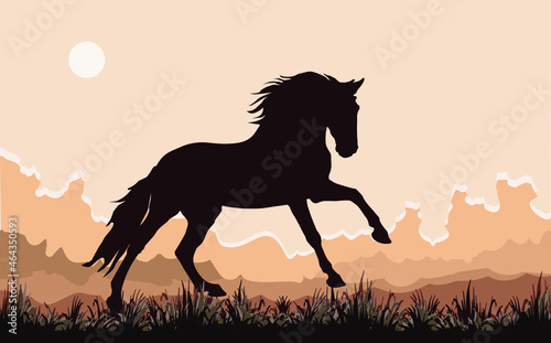dark silhouette of a wild horse galloping on the grass against the sky, vector isolated color image   © Viktoria Suslova