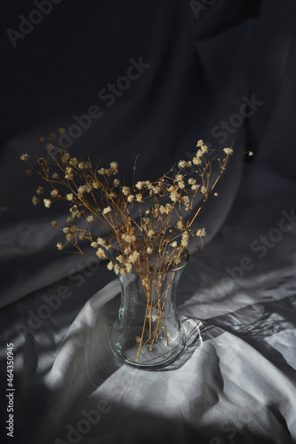 small white flowers in a transparent vase