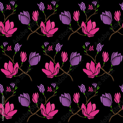 Seamless hand drawn watercolor floral surface pattern with magnolia flowers for textile design, home decoration, wallpapers and digital backgrounds.