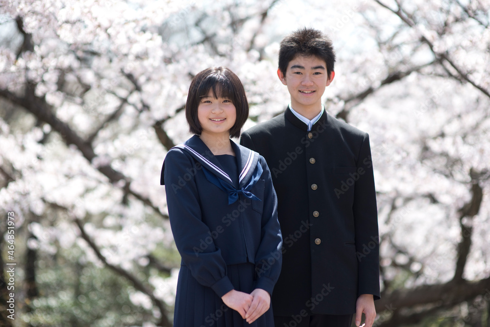 桜と中学生男女 桜と中学生男女