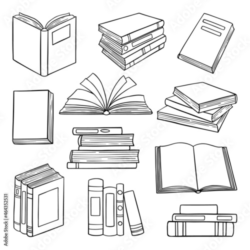 Set of Library books doodle.  Stack of books,open and closed books in sketch style. Hand drawn vector illustration isolated on white background.