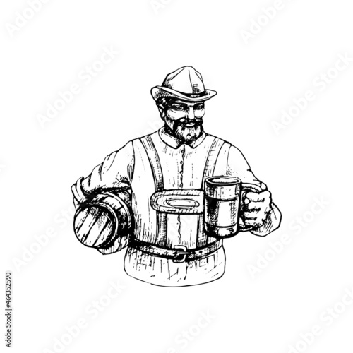 Man wearing traditional Bavarian dress shorts holding beer mug and barrel. Vintage hatching