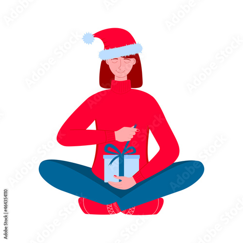 Woman in Santa hat holding gift box and opening it. Unpacking Christmas present concept. Vector flat illustration.