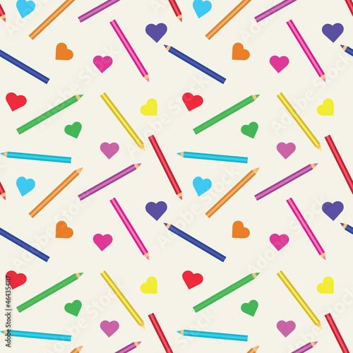 Cute pencils seamless pattern with heart shapes in red, orange, blue, orange ,yellow and green. Great for back to school posters, textile and gift wrapping paper 