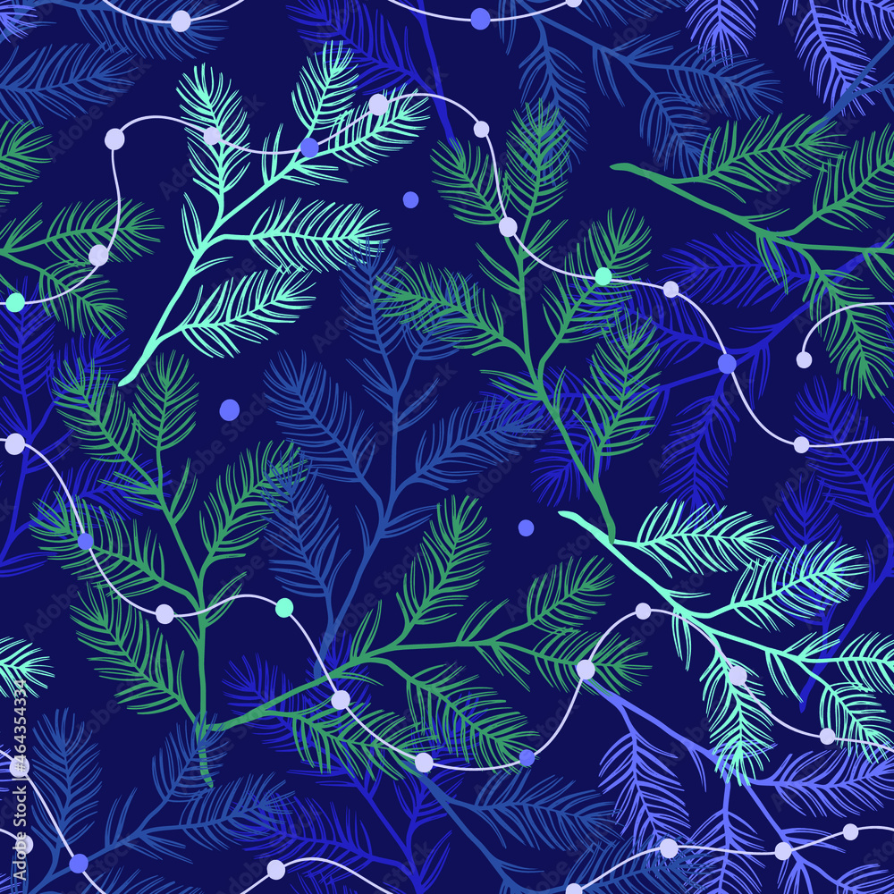 Nature winter seamless vector pattern. Pine branches and Christmas lights on dark background. 