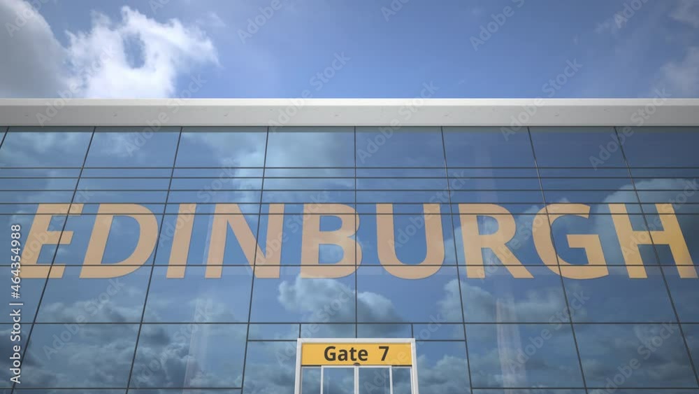 EDINBURGH city name and landing plane at modern airport EDINBURGH city name and landing plane at modern airport