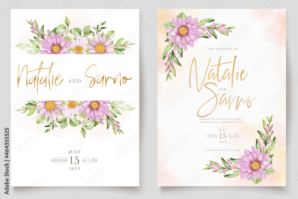 hand drawn daisy watercolor floral and leaves invitation card set 