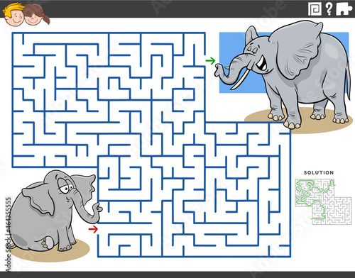 maze game with cartoon baby elephant with mom