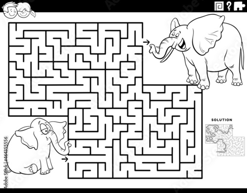 maze with baby elephant with mom coloring book page
