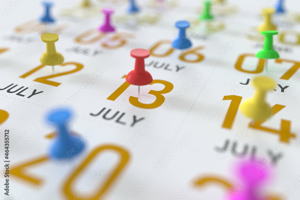 July 13 date and push pin on a calendar, 3D rendering July 13 date and push pin on a calendar, 3D rendering