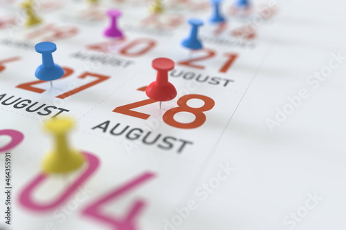 August 28 date and push pin on a calendar, 3D rendering