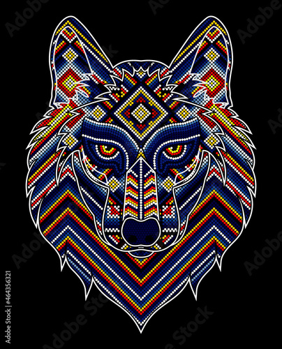 vector illustration of colorful beaded wolf head inspired in mexican huichol art. Isolated on black background.