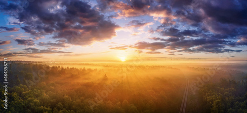 Foggy autumn forest at sunrise from aerial panoramic view.. Colorful landscape with dramatic sky, morning mist and dense pine forest with railway passing through at fall.