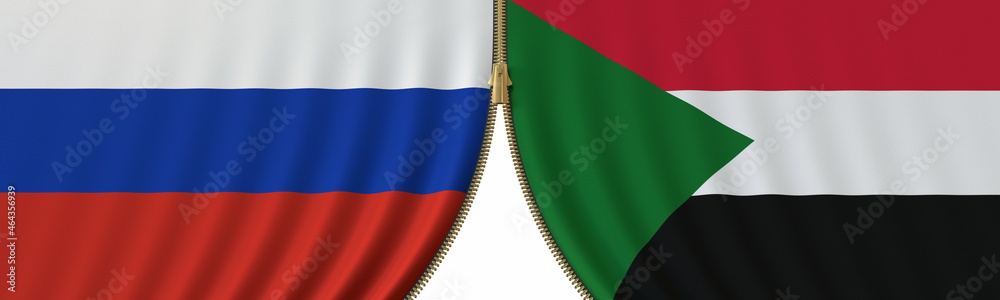 Naklejka premium Flags of Russia and Sudan and closing or opening zipper between them. Political negotiations or interaction conceptual 3D rendering