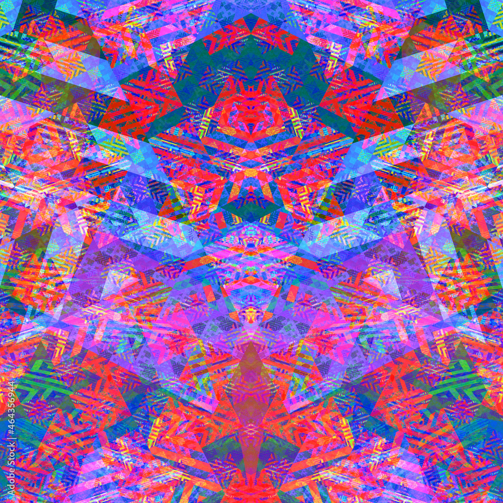 Imagen de arte digital fractal compuesta por formas geométricas y ángulos entrelazados en colores vivos.