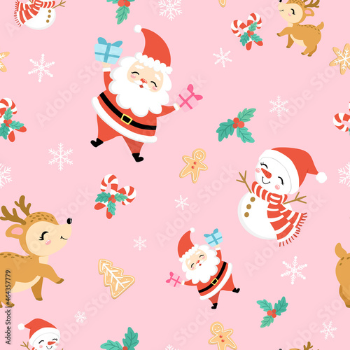 Christmas pattern. Seamless pattern with Santa Claus, Snowman and Reindeer. Holiday background. Vector.