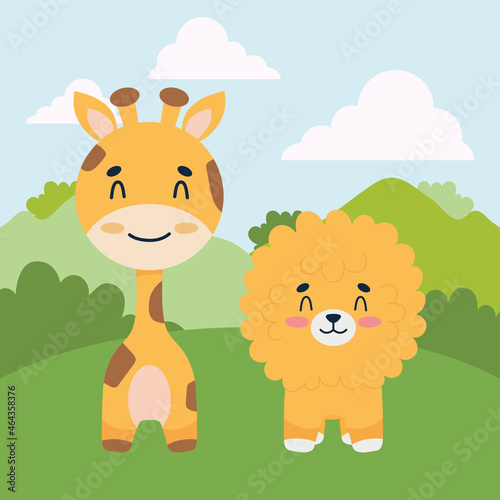 cute giraffe and lion