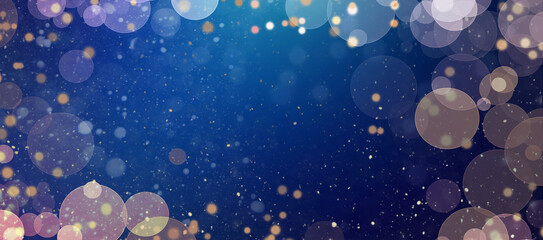 Christmas and New Year blue and rose gold glitter and bokeh lights magical holiday copper abstract background border with copy space