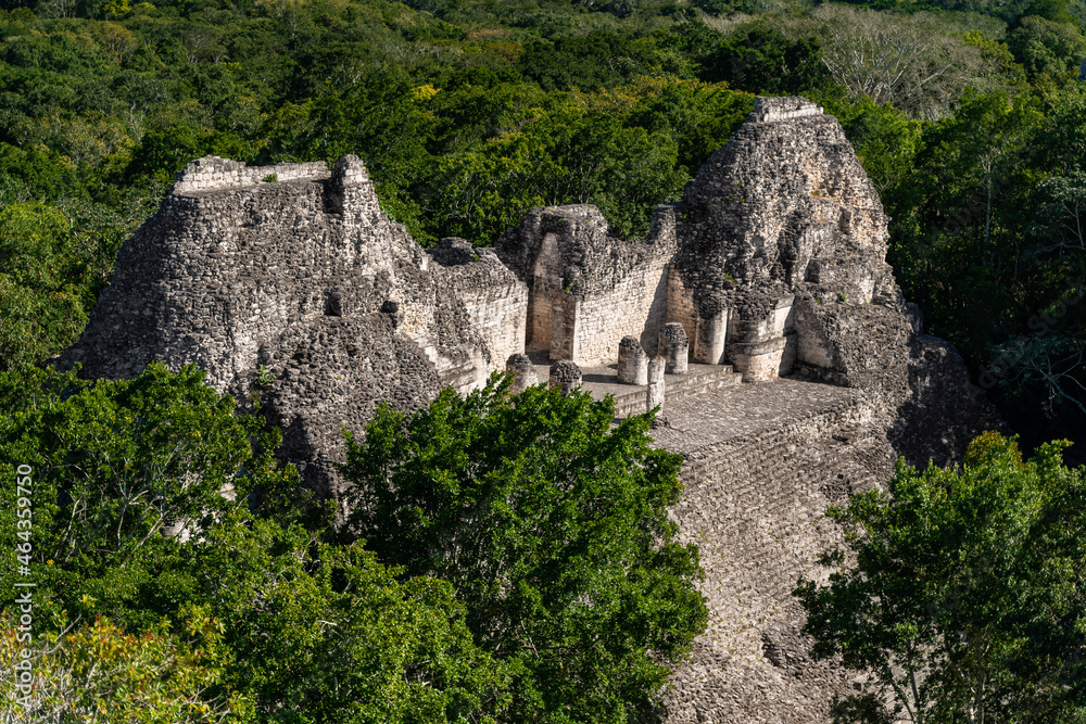 Amazing Mayan architecture ruins, great Calakmul pyramid, awesome Mexico latin pre Hispanic culture, holiday Campeche summer trip, aerial view   