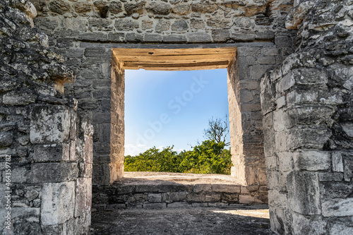 Mayan view  Great Calakmul pyramid  Amazing window architecture ruins  awesome Mexico latin pre Hispanic culture  ancient building vacation  down postcard