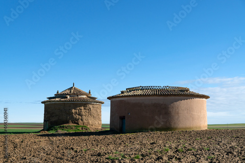 View of the Castilla fields at sunset with dovecotes