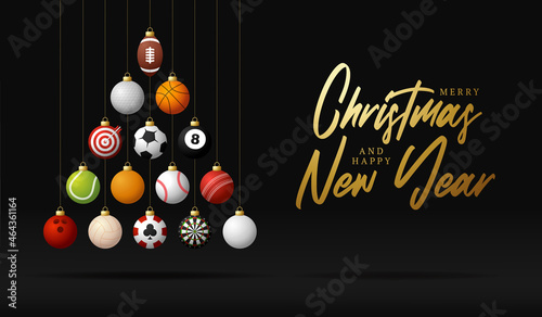 Sport Christmas illustration. Creative Xmas tree made by football, soccer, basketball, cricket, golf, baseball, tennis ball. Christmas and new year realistic Vector Sport greeting card banner